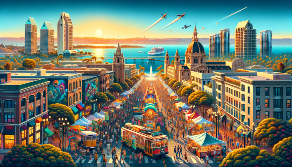 A colorful street festival in San Diego with crowds, performers, food vendors, and decorations, featuring landmarks like the Gaslamp Quarter and Balboa Park against a backdrop of the city skyline and sunset over the bay.
