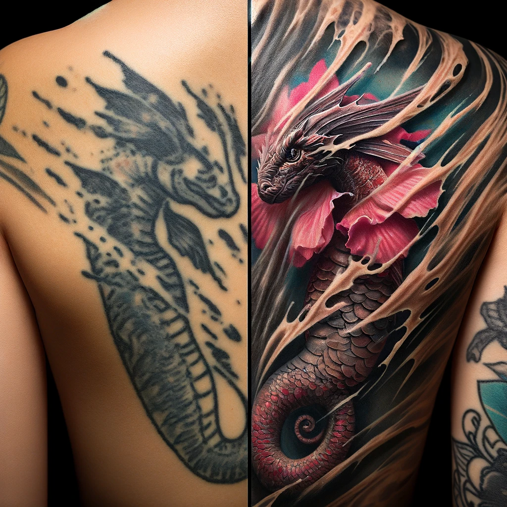 "Before and after view of a tattoo cover-up transformation."